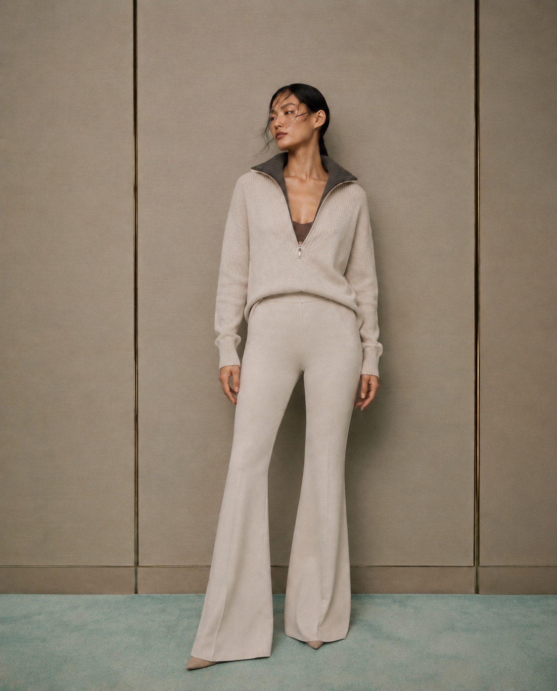 ORCHID — Cashmere & Wool Zip-Neck Jumper in Beige & Brown