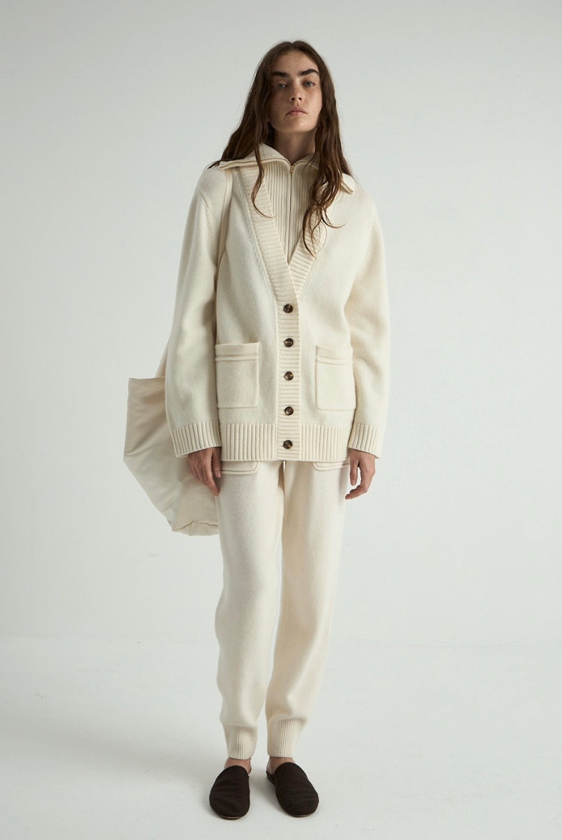 GISELLE milk wool cardigan, full outfit with matching knitwear
