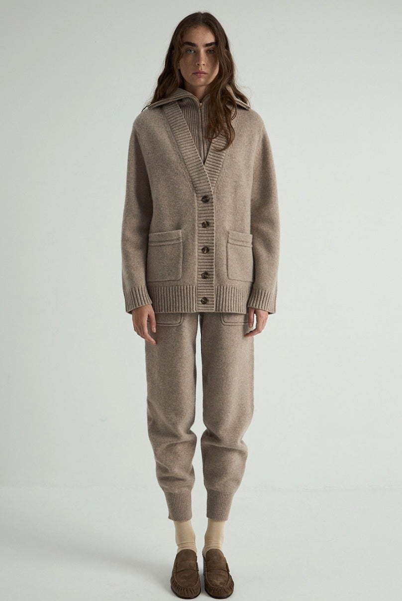 GISELLE sand wool trousers, full outfit with matching knitwear