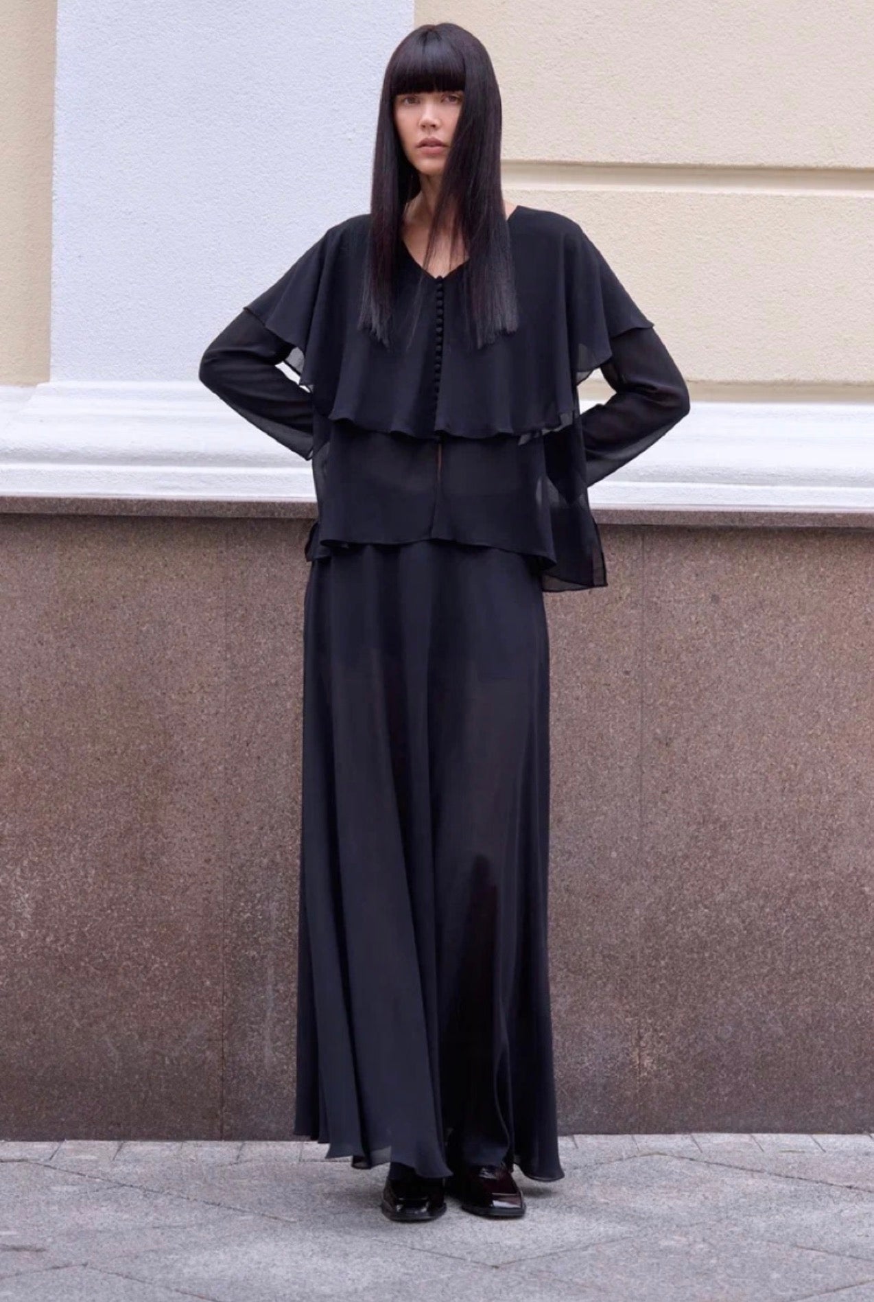 ÉLORA — Elegant Soft Blouse with Chiffon Cape