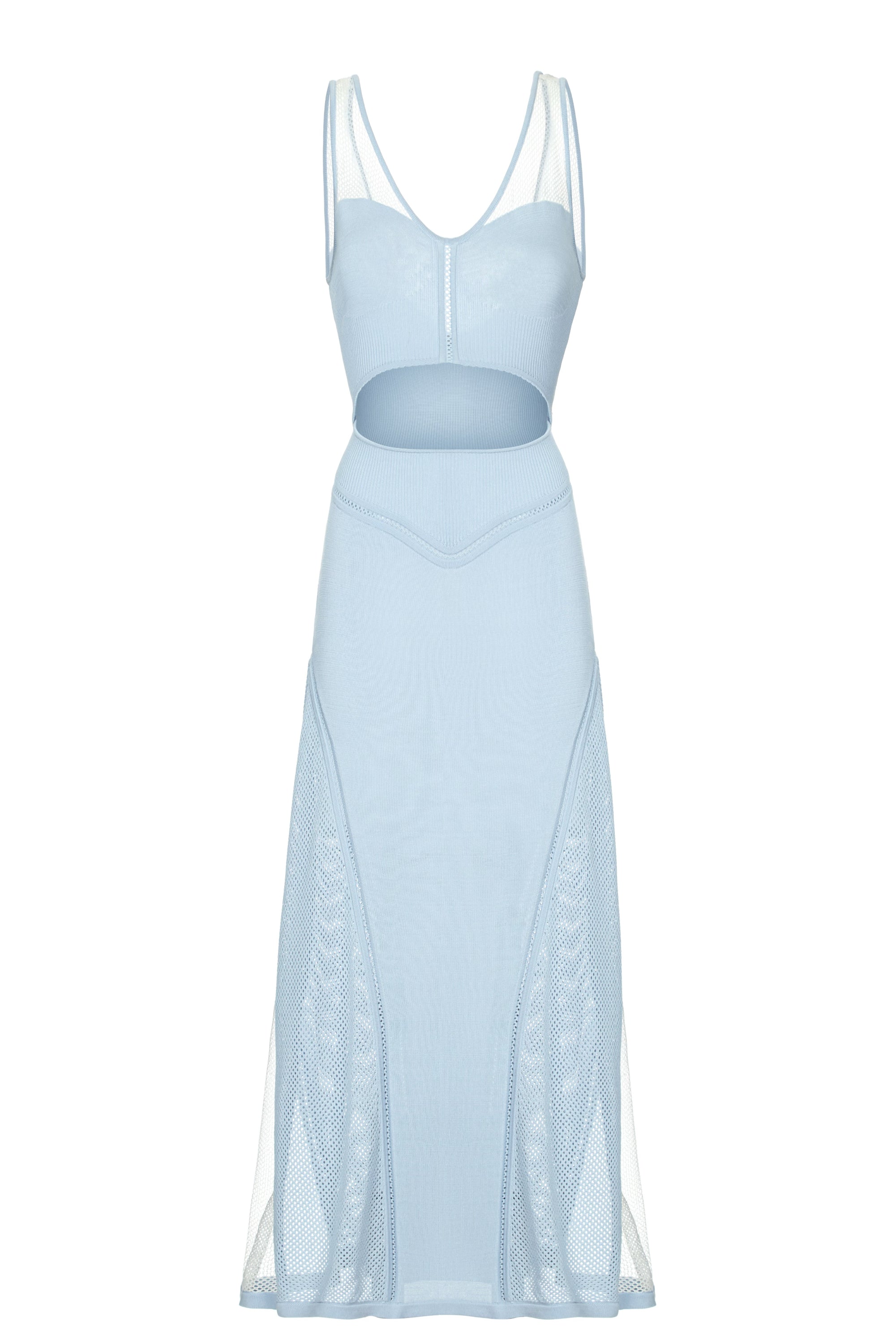 VAMOS— sheer mesh slip midi dress in sky blue