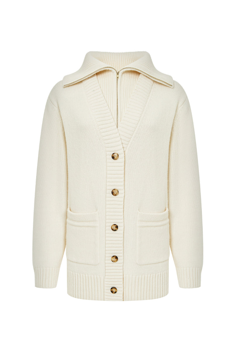 GISELLE milk wool cardigan, knit texture and garment details