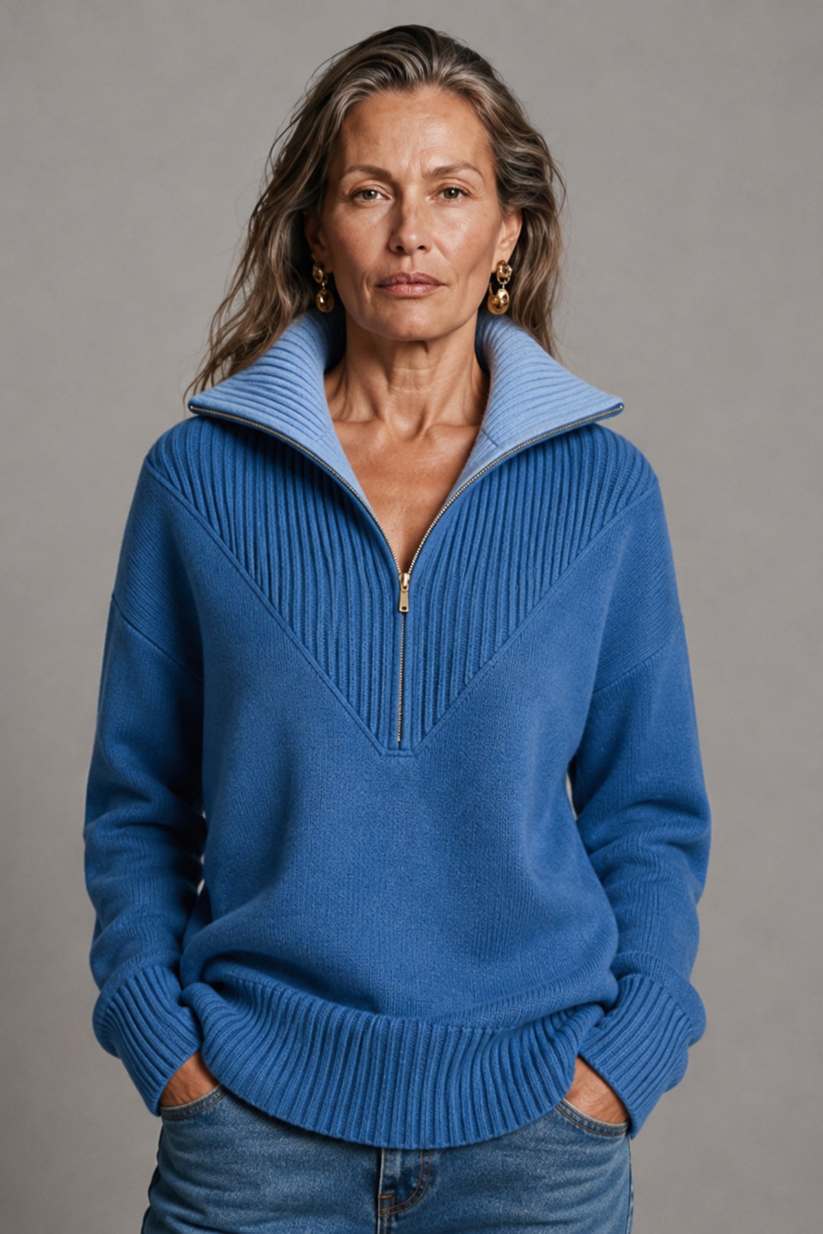 ORCHID — Cashmere & Wool Zip-Neck Jumper in Blue