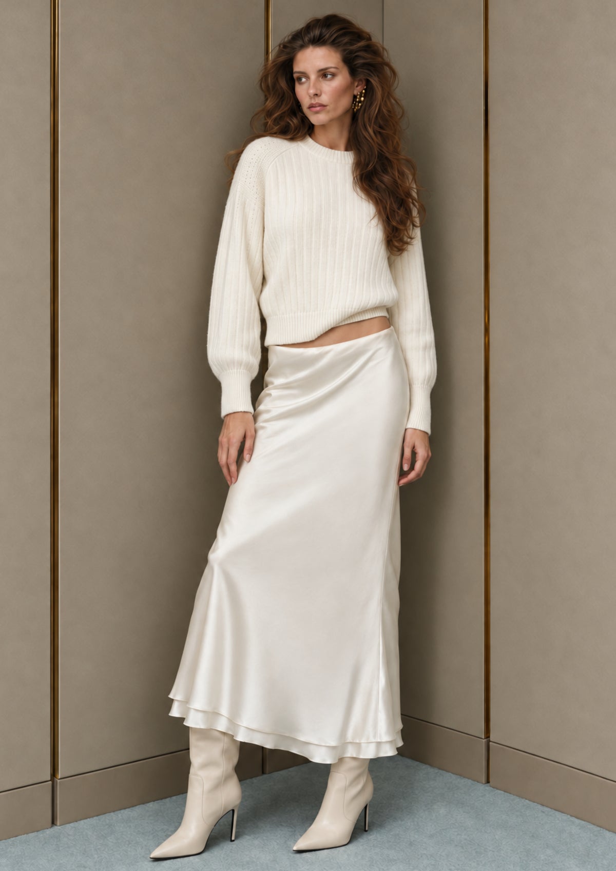 Model wearing the white SNOW cropped wool sweater with voluminous sleeves, an ivory satin skirt and boots, Maison Viure.