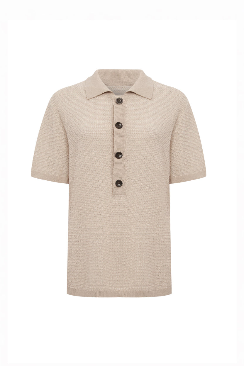 Elegant knitted polo, beige color, modern style. Dubai, London, Singapore, Shanghai .