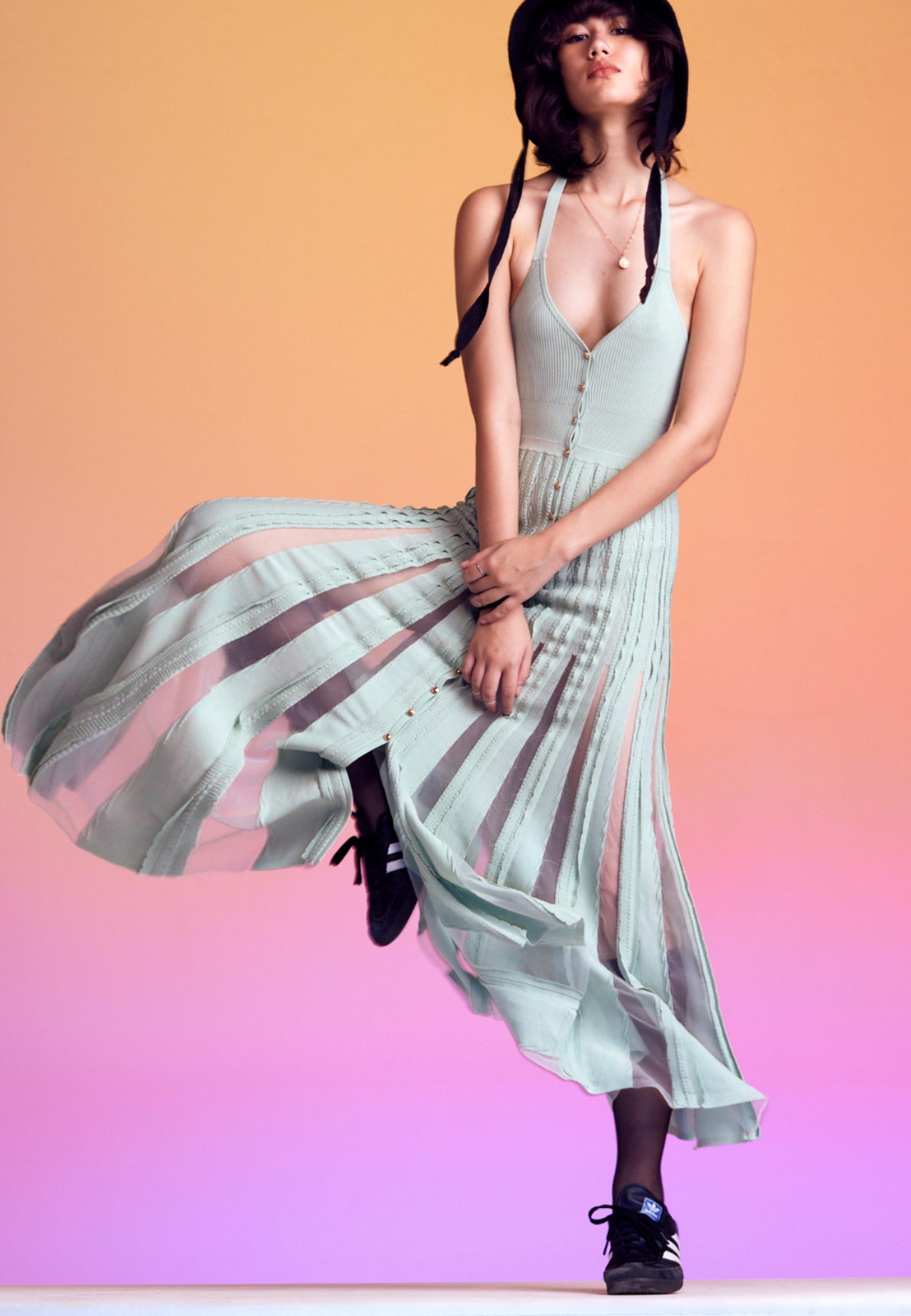 Slam — halter-neck knit maxi dress in sage green