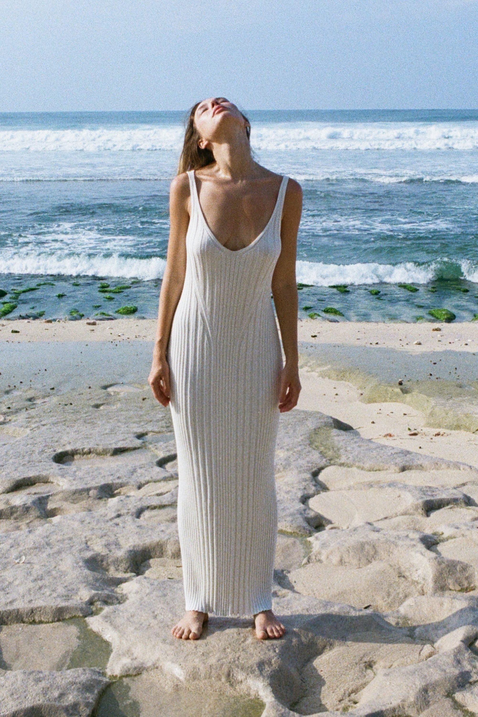 Cirrus — sculptural rib-knit scoop-neck maxi dress in beige