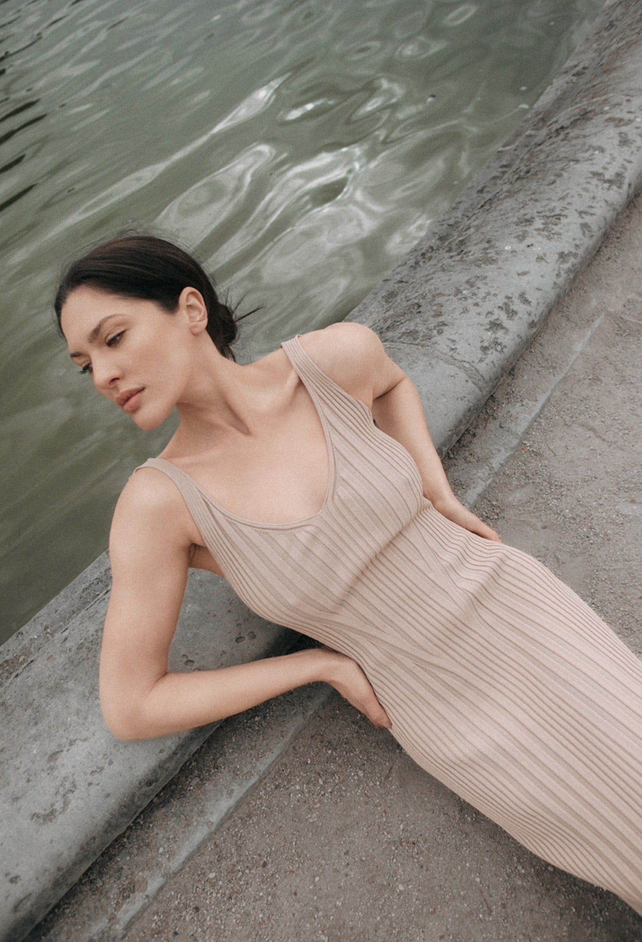 Cirrus — sculptural rib-knit scoop-neck maxi dress in beige