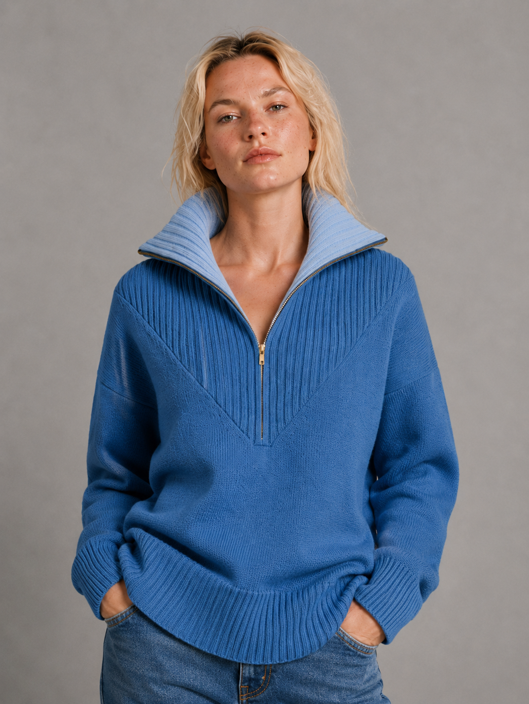 ORCHID — Cashmere & Wool Zip-Neck Jumper in Blue