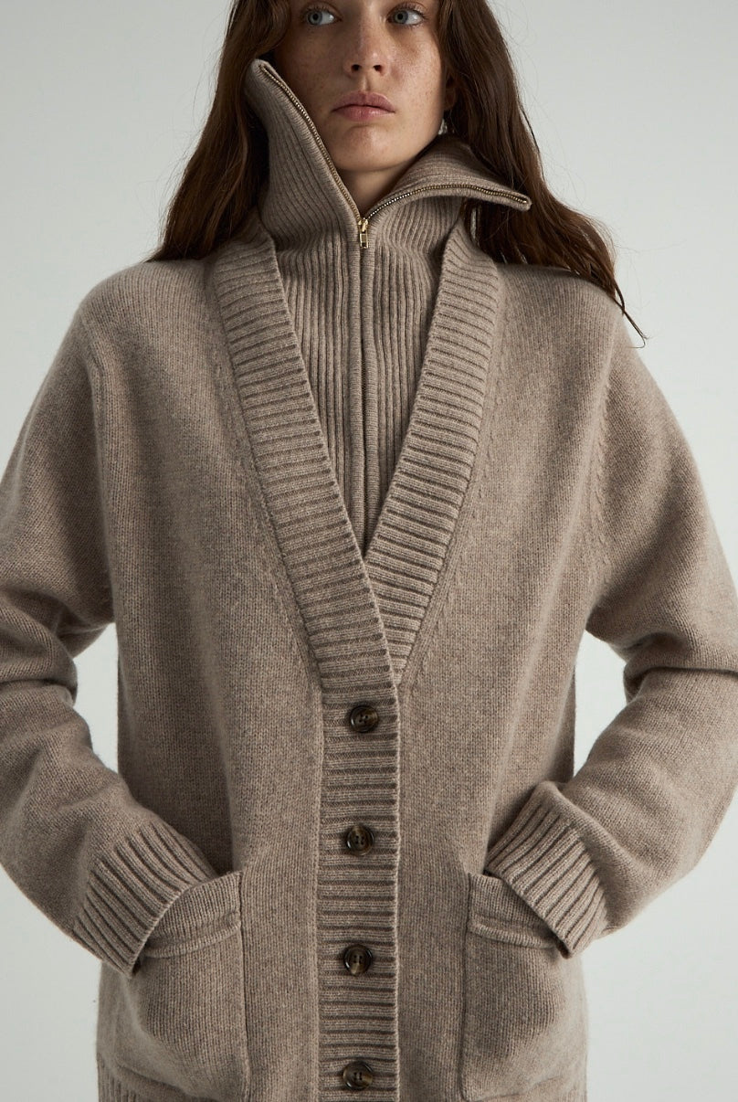 GISELLE sand wool cardigan, knit texture and garment details