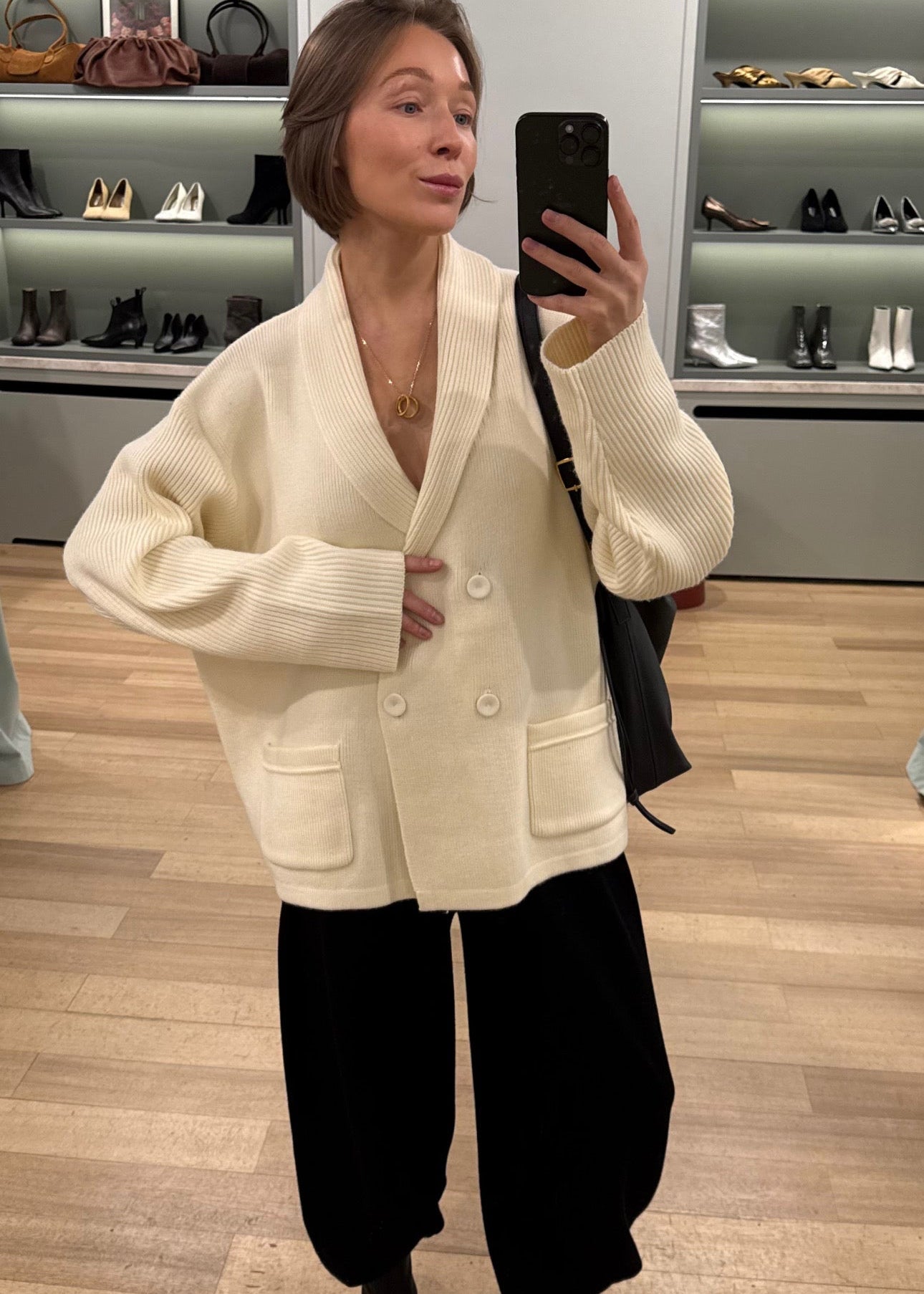 Double-Breasted Fine-Knit Cardigan - gentle oversize , soft but thick cardigan . Order online with delivery to Dubai and Singapore