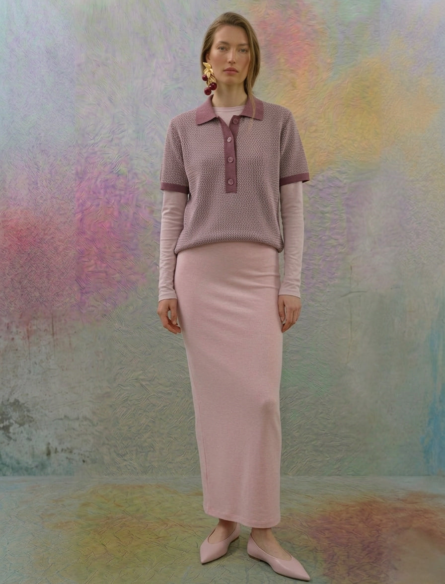 Maison Viure VICTORIA knitted polo in blue, styled look — accessible luxury knitwear