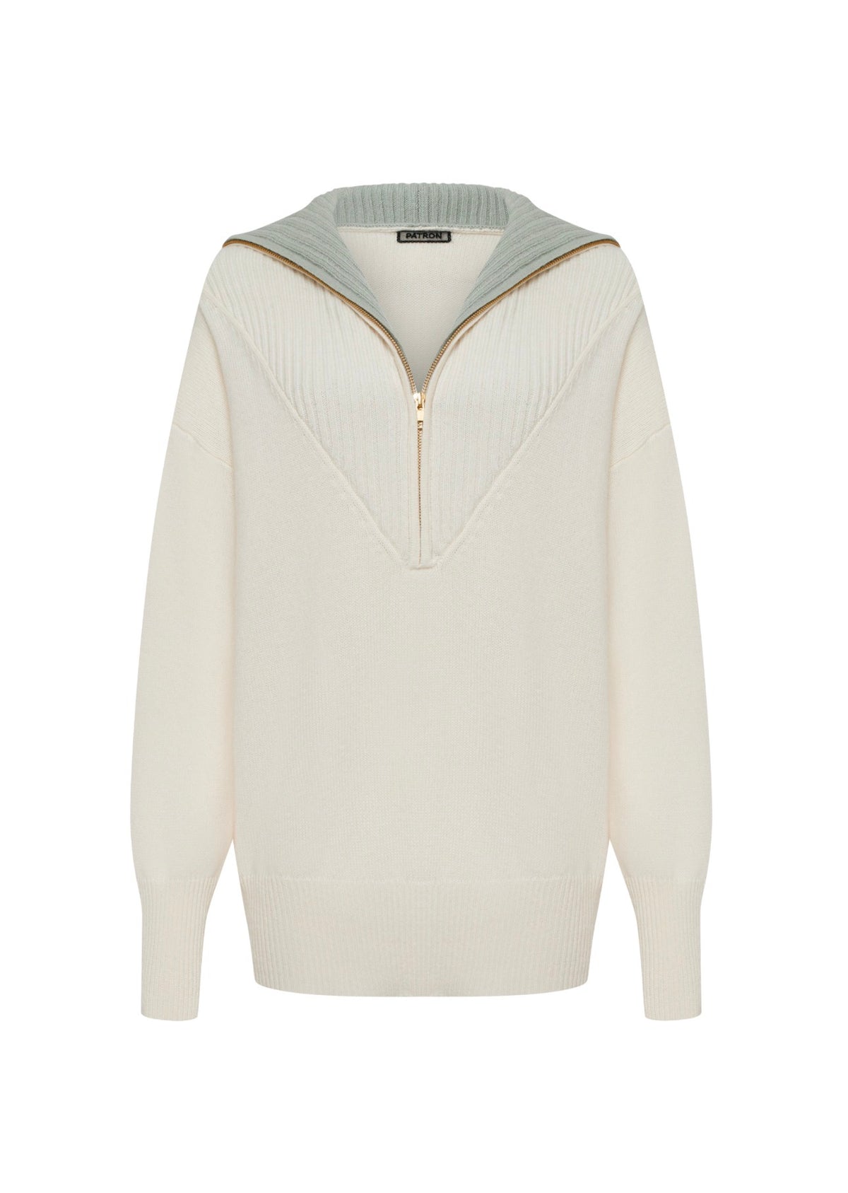ORCHID cashmere and wool zip-neck jumper in ivory and green, front view on a white background