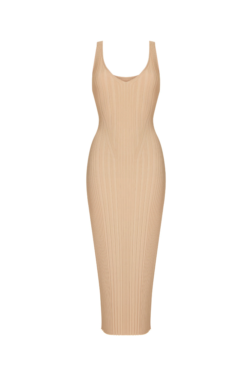 Beige SCULPTURAL RIB KNIT MAXI DRESS — CIRRUS