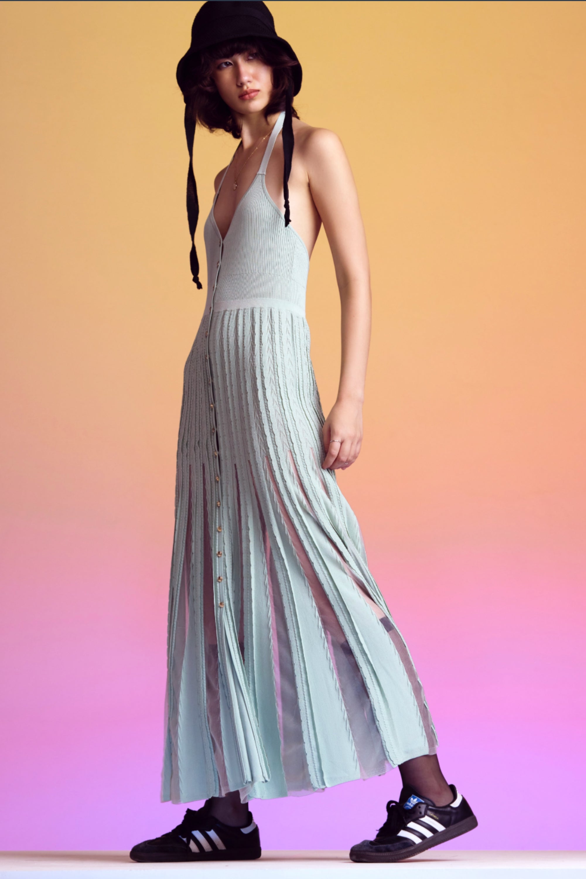 Slam — halter-neck knit maxi dress in sage green