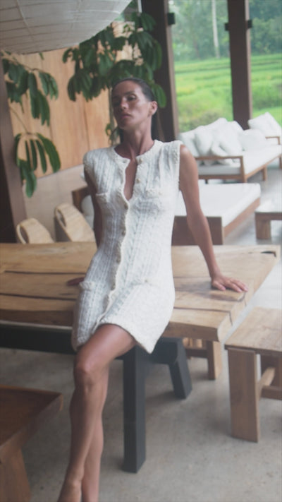 Elegant mini white knitted dress - Singapore, Dubai, Shanghai. Perfect for women searching for:
luxury white mini dress, elegant bouclé sleeveless dress, tailored feminine mini dress, quiet luxury occasion wear, premium structured day dress, refined chic women’s fashion.