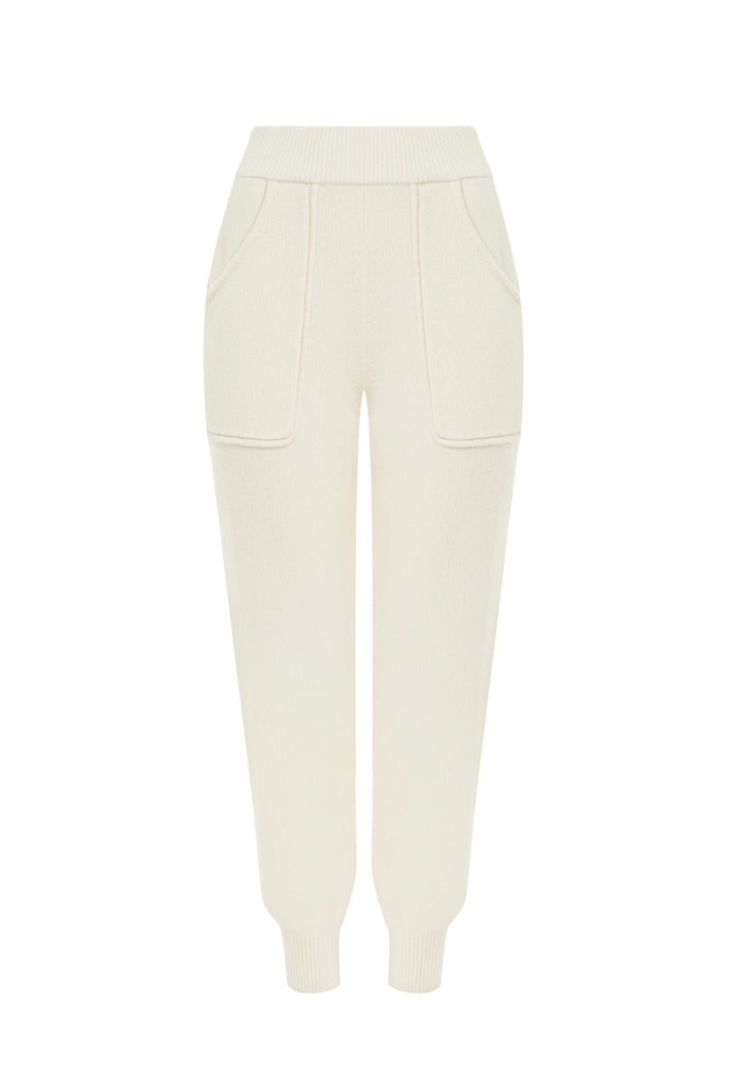 GISELLE milk wool trousers, knit texture and garment details